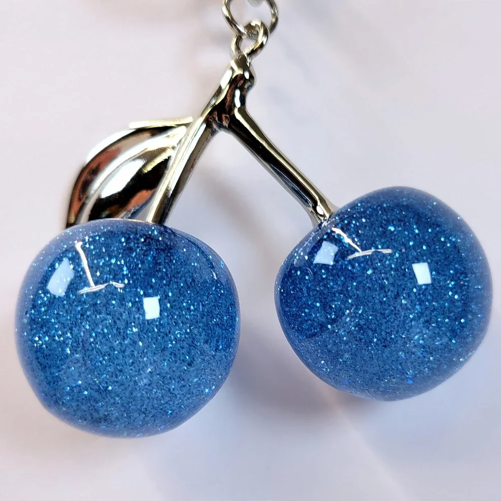 Bag Charm Keychain Glitter Resin Double Cherry Blue Women Retro Whimsical